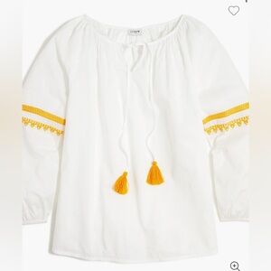 J Crew Factory white cotton peasant top with embroidered trim and tassels